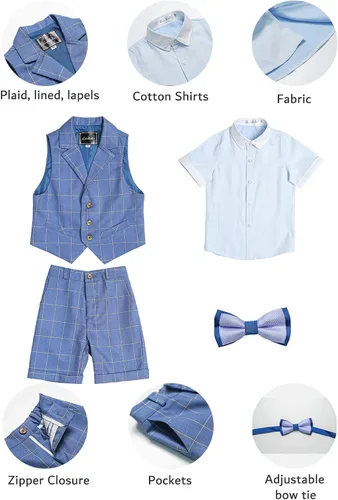 Vista 6 de LOLANTA Chaleco de esmoquin para niños, traje de portador de anillo de boda, 4 piezas, ropa, chaleco, camisa, pantalones cortos, pajarita