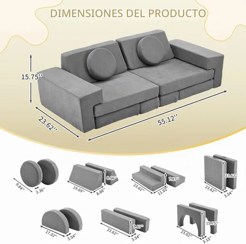 Vista 3 de Karl home Sofá infantil de 14 piezas, sofá modular de espuma para niños, color gris