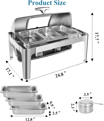 Vista 4 de Amhier Juego de bufé de 9 cuartos de galón con tapa enrollable visible, servidores y calentadores de bufé de acero inoxidable para catering