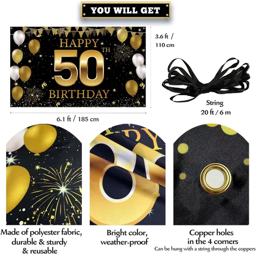 Vista 2 de Cartel de fondo para decoración de cumpleaños número 50, decoraciones de feliz cumpleaños 50 para hombres y mujeres, fiesta de cumpleaños de 50
