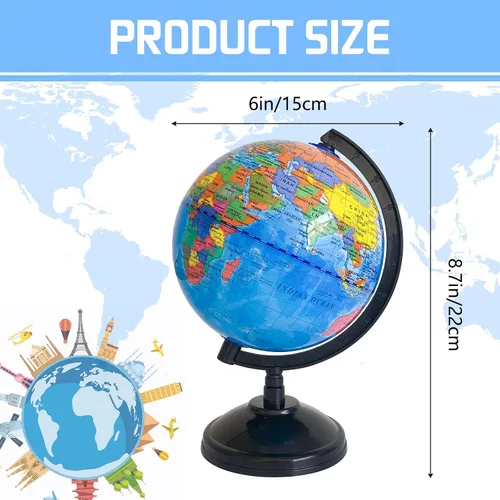 Vista 2 de Globo mundial geográfico de 6 pulgadas para niños, globo educativo con soporte, decoración decorativa giratoria de mapa del mundo, globo político