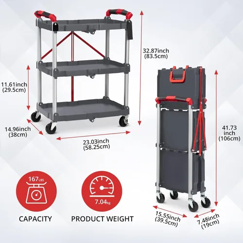 Vista 2 de Carrito de servicio plegable portátil de 3 niveles, carrito plegable con ruedas, capacidad de carga de 56 libras por estante, carritos plegables