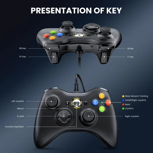 Vista 5 de VOYEE Controlador de PC controlador con cable compatible con Microsoft Xbox 360 y SlimPC Windows 1087 con joystick mejorado doble choque Mejorado