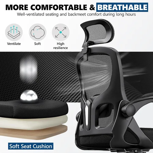 Vista 7 de Silla de oficina ergonómica, silla de escritorio de malla con reposacabezas ajustable y soporte lumbar, silla de computadora con ruedas con Negro