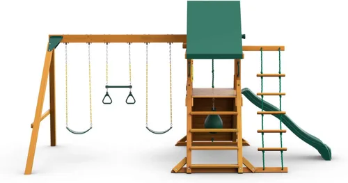 Vista 14 de Gorilla Playsets 01-1059-AP Juego de columpios de madera de punto alto con toldo de vinilo verde, dos columpios, pared de escalada en roca, tobogán