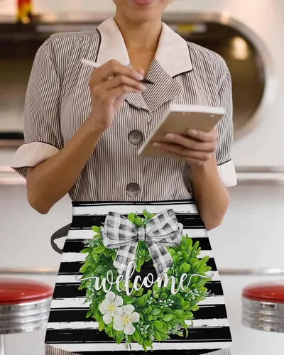 Vista 3 de Farmhouse Wreath Waitress Waiter Server Apron with Pockets,Welcome Rustic Boxwood Black Stripe Waist Half Waterproof Cooking Kitchen BBQ Grill Chef