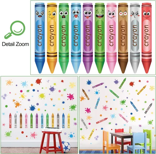 Vista 7 de 10 hojas creativas de colores de crayones de pared, calcomanías de acuarela con tinta, puntos, calcomanías de pared, calcomanías de pared