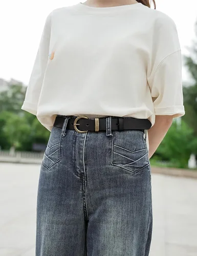 Vista 2 de Cinturón de mujer para jeans de cuero genuino con hebilla circular de latón vintage sólido y embalaje de caja de regalo Negro-1