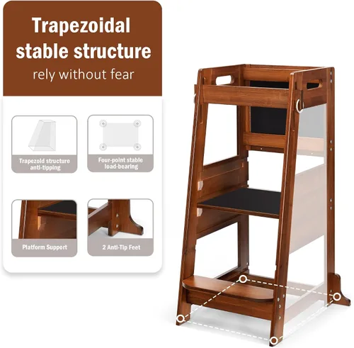 Vista 3 de TOETOL Taburete de bambú para niños, taburete de cocina de aprendizaje de torre de pie para encimera de cocina de 3 alturas ajustables con pizarra