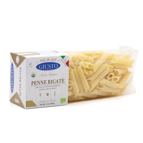 Vista 3 de Giusto Sapore Pasta italiana artesanal importada de Penne Rigate, bronce orgánico dibujado, 340G