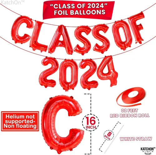 Vista 4 de KatchOn, Globos rojos para la clase de 2024, 16 pulgadas, globos rojos 2024, decoraciones rojas de fiesta de graduación 2024, globos de graduación