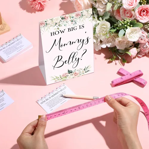 Vista 98 de Sabary 64 Piezas Juegos de Baby Shower Incluyen Letrero How Big is Mommy's Belly Sign Measure Bump Game 50 Tarjetas 10 Lápices 3 Cintas Métricas