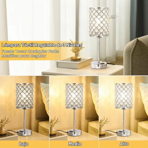 Vista 3 de Hong-in - Lámpara de mesa de cristal, control táctil con puertos de carga USB-C y USB-A y salidas de AC, lámpara de noche regulable de 3 vías