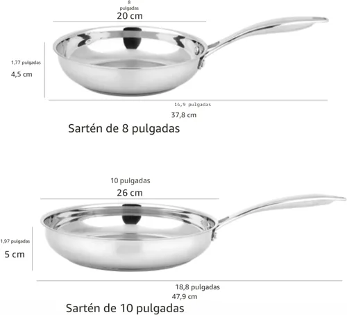 Vista 5 de Amazon Basics Juego de 2 sartenes de inducción de acero inoxidable con mango remachado para horno, color plateado, 8 pulgadas y 10 pulgadas