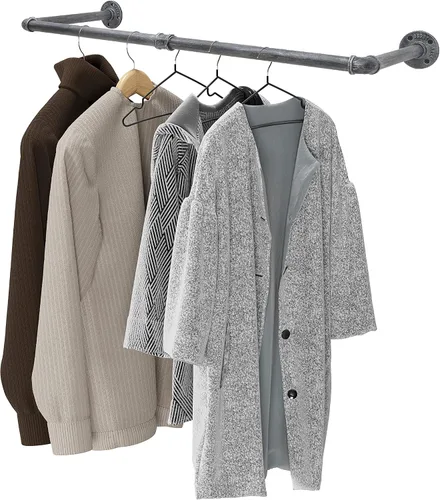 Vista 9 de Perchero industrial para ropa de tubería montado en la pared, resistente que ahorra espacio, barra de ropa desmontable multiusos para colgar, 24