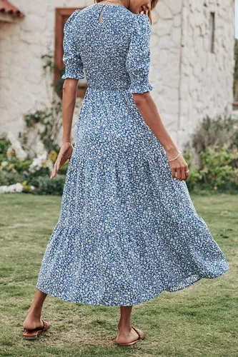 Vista 4 de BTFBM Vestidos para mujer, cuello redondo, casual, de verano, con volantes, manga corta, bohemio, con niveles, fruncido, largo, con estampado floral