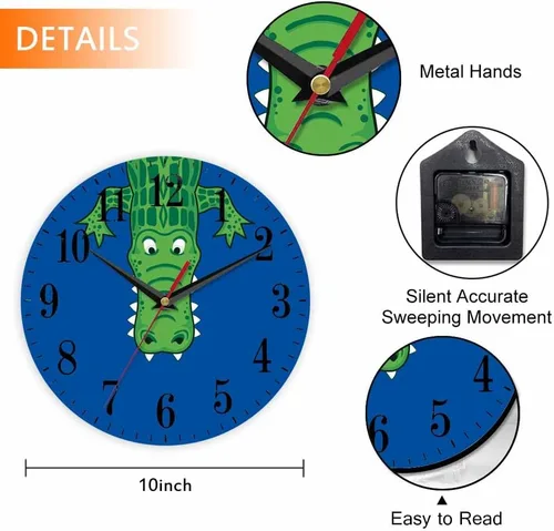 Vista 2 de Mxocom Reloj de pared de cocodrilo verde de dibujos animados con dientes, lindo estilo divertido de 10 pulgadas, silencioso, sin tictac, funciona