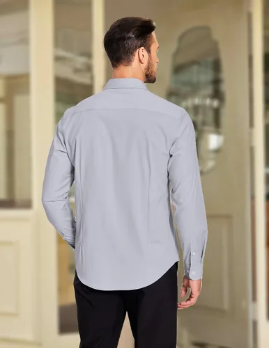 Vista 2 de COOFANDY Camisa de vestir para hombre, sin arrugas, manga larga, con botones, camisas formales