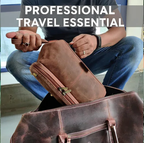 Vista 7 de Neceser de cuero para hombre - Kit Dopp para viajes, afeitado, viajes nocturnos, Marrón, M