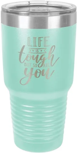 Vista 21 de Life is Tough but So are you - Vaso negro de 30 oz con paja y tapa superior deslizante Taza de viaje de acero inoxidable Compare con Yeti Rambler