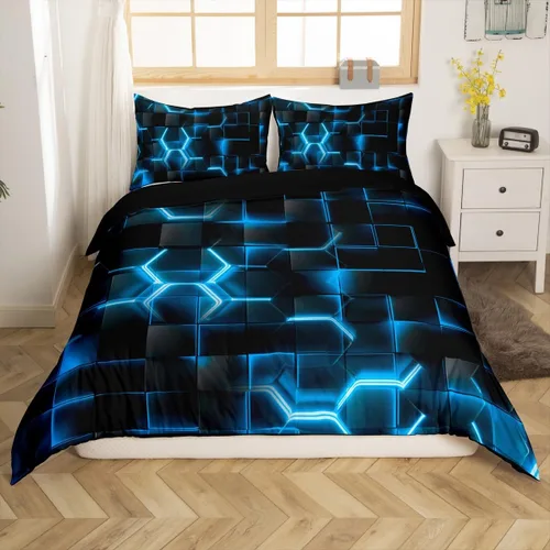 Vista 21 de Feelyou Juego de ropa de cama verde y negro tamaño individual para niños y adolescentes, juego de funda de edredón con temática hexagonal