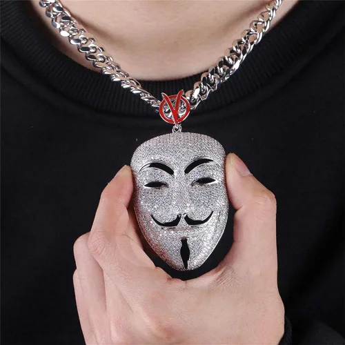 Vista 5 de Collar chapado en oro blanco con dije de máscara en V de hip hop para hombres y mujeres
