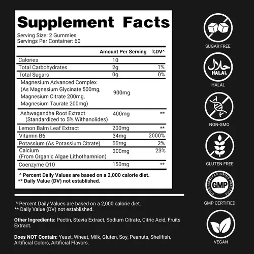 Vista 7 de Gomitas de glicinato de magnesio para adultos, 500 mg, 120 gomitas sin azúcar, apoyo para calmar y dormir con bálsamo de limón Ashwagandha