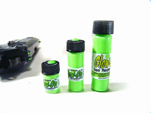Vista 2 de Color verde brillante y brillo verde, pintura de vistas nocturnas de pistola. Vial de tamaño económico de 0.3 fl oz. Luminiscencia concentrada