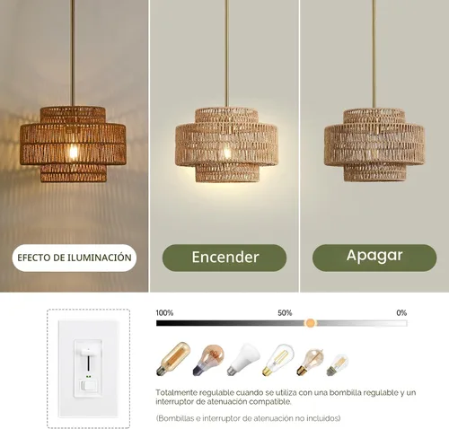 Vista 4 de 12.4” Candelabro de ratán boho, 1 luz, lámpara colgante tejida a mano, lámpara colgante rústica de estilo granja para isla de cocina, recámara