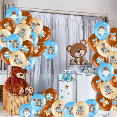 Vista 5 de Zomiboo 42 globos de oso para baby shower, de 12 pulgadas, de látex, azul, marrón, oso pequeño, decoraciones de fiesta para baby shower, revelación