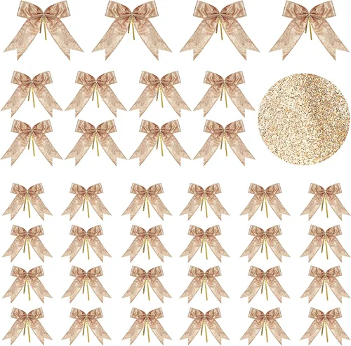 Vista 10 de Waydress 36 piezas de decoración de lazo, adorno de lazo para árbol de Navidad, lazo de cinta con purpurina para guirnalda de corona, manualidades
