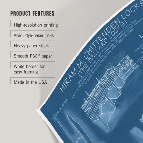 Vista 3 de Lantern Press Decoración de pared con impresión artística de 8 x 12 pulgadas, Seattle, Washington, Ballard Locks Technical (versión Blueprint)