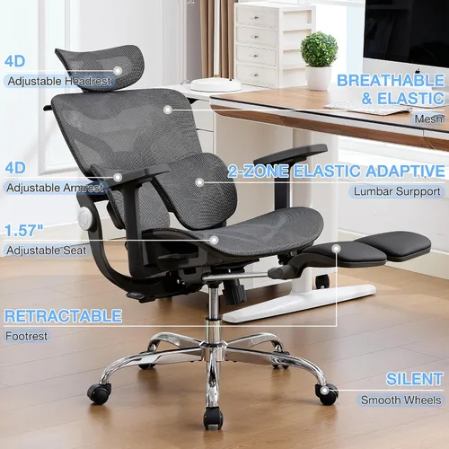 Vista 9 de Ergonomic Mesh Office Chair with 2-Zone Lumbar Support and Footrest,Black Negro