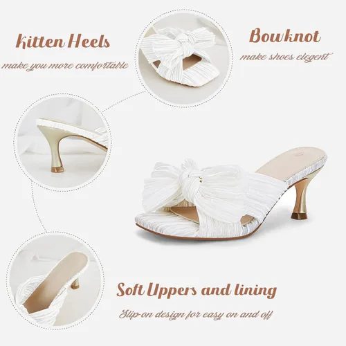 Vista 7 de Coutgo Sandalias de tacón con lazo para mujer, tacones plisados con lazo, puntera cuadrada abierta, lindos tacones de gatito, zapatos de vestir