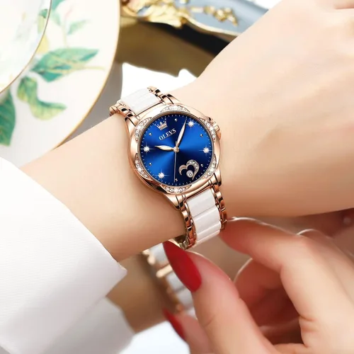 Vista 3 de OLEVS Relojes de vestir elegantes para mujer, automático, de acero inoxidable, resistente al agua, de cerámica, con luminoso