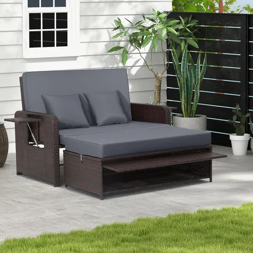 Vista 10 de LDAILY Moccha - Sofá cama para exteriores, sofá biplaza de mimbre con respaldo ajustable de 4 posiciones, otomana de almacenamiento, cojines Beige