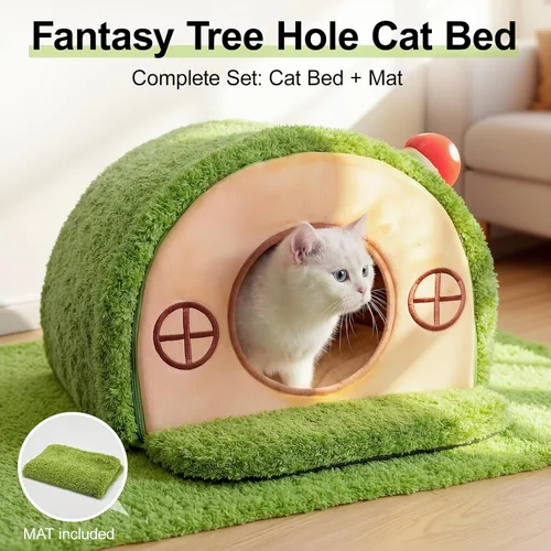 Vista 2 de Casa para gatos de interior – Bonita cueva de cama para gatos, con agujero de árbol, tienda de campaña para gatitos y mascotas pequeñas y medianas