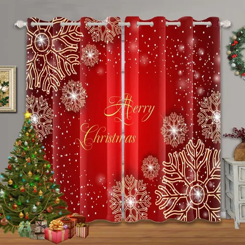 Vista 25 de Renaiss Cortinas opacas de Navidad con tablones de madera rústica para dormitorio, con ojales, estampado de copos de nieve navideños, cortinas
