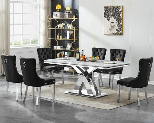 Vista 53 de Juego de mesa de comedor de 5 piezas para 4, mesa de cocina de mármol negro de 68 pulgadas con 4 sillas beige, mesa de comedor rectangular moderna