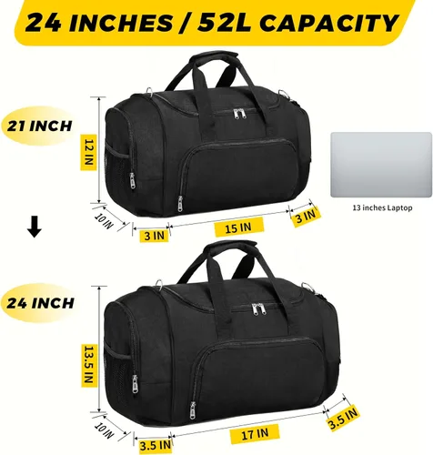 Vista 2 de Vorspack Bolsa deportiva de lona Bolsa de gimnasio de 2124 pulgadas para mujeres y hombres, bolsa de lona ligera con botella de agua, Negro