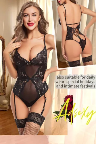 Vista 4 de ADSEXY Conjunto de lencería de liga para mujer, body de peluche exótico, sexy, de una pieza, babydoll de encaje, corsé (sin medias)