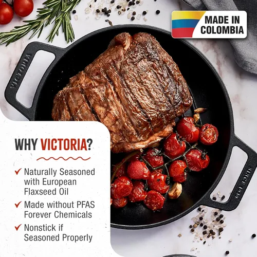 Vista 2 de Victoria - Sartén de hierro fundido redonda con asas de doble bucle, fabricada en Colombia, 10 pulgadas