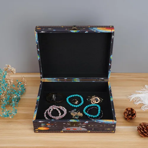 Vista 5 de WANLIAN Cofre de madera y cuero con tapa y cerradura - Caja decorativa de joyería y recuerdos para niños, adolescentes, para cumpleaños, bodas, día