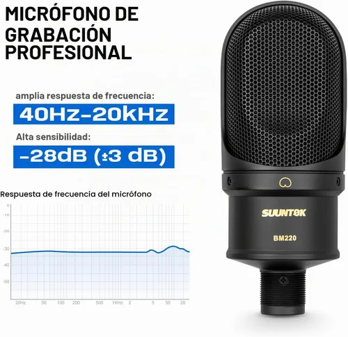 Vista 4 de SUUNTOK Micrófono de condensador XLR, micrófono de grabación con soporte de choque, kit de micrófono de estudio en casa para voz en off Negro
