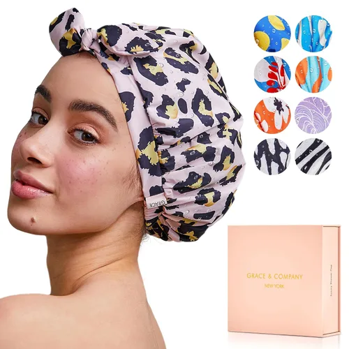 Vista 8 de GRACE & COMPANY Gorro de ducha de lujo para mujer, 100% impermeable, reutilizable, lavable y transpirable, diseño de pájaros del paraíso
