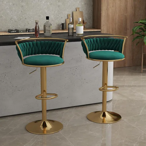 Vista 31 de Juego de 2 taburetes de bar giratorios de 360°, silla de bar de terciopelo ajustable a altura de mostrador moderna, taburete de metal plateado