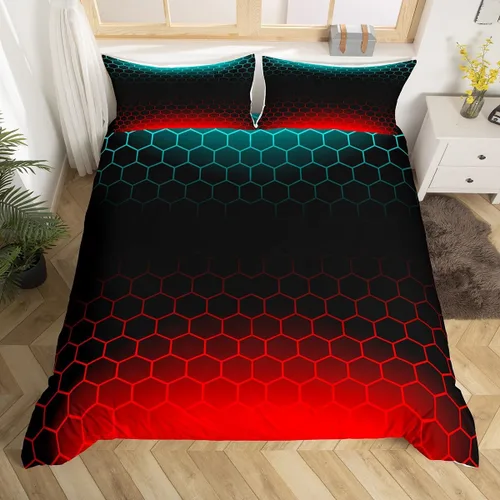 Vista 11 de Juego de ropa de cama geométrica de panal verde y azul, funda de edredón hexagonal estereoscópica para niños y niñas, funda de edredón hexagonal