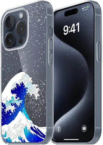 Vista 10 de Funda diseñada para iPhone 15, diseño de ondas en cielo estrellado, funda transparente de teléfono para mujer con ondas japonesas para iPhone 15, a