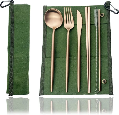 Vista 8 de JASHII Juego de cubiertos de viaje de acero inoxidable, tenedor, cuchara, cuchillo, pajilla, cubiertos reutilizables con estuche, juego de Rosa