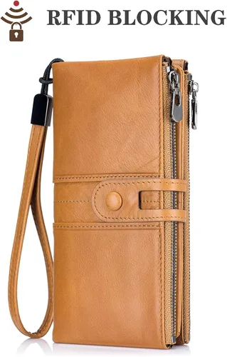 Vista 2 de Roulens Cartera para mujer de gran capacidad de cuero genuino plegable con bloqueo RFID tarjetero con bolsillo con cremallera
